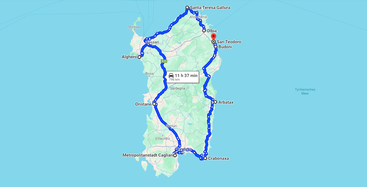 Camping Rundreise auf Sardinien Google Maps Übersicht